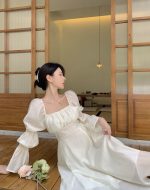 French style beautiful back puff sleeve square neck design strap A-line long dress - Image 4