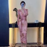 V-neck tie-dye slim waist long-sleeved lace-up hip-covering long wrap dress - Image 2