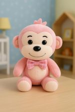 Pink Baby Monkey Soft Toy with Plaid Bow Tie - Image 2