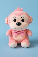 Pink Baby Monkey Soft Toy with Plaid Bow Tie - Image 3