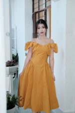 French V-neck  puff sleeve mustard off-shoulder long Dress - Image 3