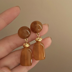 French Vintage Acrylic Long Earrings – Cream Almond and Sunset Orange Elegant Statement Studs - Image 4