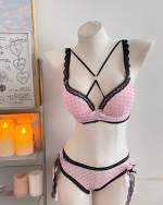Polka Dot Lace Bow Lingerie Set Push-Up Bra in Pink and Black - Image 8