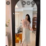 White Lace skirt  high-waisted long a-line mid-length skirt - Image 2