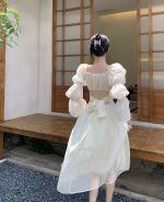 French style beautiful back puff sleeve square neck design strap A-line long dress - Image 7