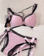 Polka Dot Lace Bow Lingerie Set Push-Up Bra in Pink and Black - Image 2