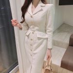 Chic Fusion: Korean-French Suit Collar Tweed Dress with Metal Detail – Slimming Elegance in a Long Skirt! - Image 5