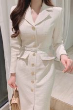 Chic Fusion: Korean-French Suit Collar Tweed Dress with Metal Detail – Slimming Elegance in a Long Skirt! - Image 6
