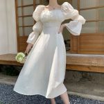 French style beautiful back puff sleeve square neck design strap A-line long dress - Image 8