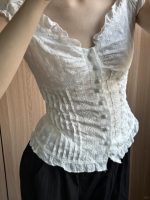 French Jacquard Puff Sleeve Top – Palace Style Ballet Girl Lace Button Blouse - Image 5