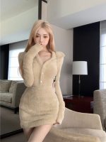 Plush Knitted Dress Hot Girl Long Sleeve Tight Inner Thickened Slim Fit Waist Covering Hip dress - Image 9