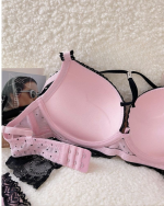 Polka Dot Lace Bow Lingerie Set Push-Up Bra in Pink and Black - Image 3