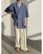 Asymmetric Button Embossed Pattern Loose Short Sleeve Shirt - Image 13