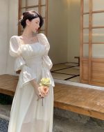 French style beautiful back puff sleeve square neck design strap A-line long dress - Image 5