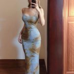 French tie-dye printed spaghetti strap dress  long bodycon dress