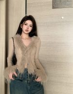 V-Neck Tie-Front Cropped Knit Cardigan - Image 15