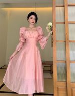 French style beautiful back puff sleeve square neck design strap A-line long dress - Image 6