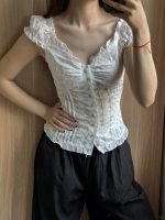 French Jacquard Puff Sleeve Top – Palace Style Ballet Girl Lace Button Blouse - Image 4