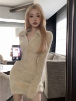 Plush Knitted Dress Hot Girl Long Sleeve Tight Inner Thickened Slim Fit Waist Covering Hip dress - Image 5