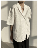 Asymmetric Button Embossed Pattern Loose Short Sleeve Shirt - Image 2
