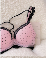 Polka Dot Lace Bow Lingerie Set Push-Up Bra in Pink and Black - Image 9