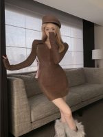 Plush Knitted Dress Hot Girl Long Sleeve Tight Inner Thickened Slim Fit Waist Covering Hip dress - Image 15