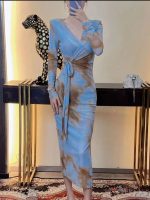 V-neck tie-dye slim waist long-sleeved lace-up hip-covering long wrap dress - Image 6
