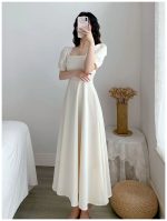 White Hepburn light mature style dress with puff sleeves square neck, waist, slimming temperament, over-the-knee long dress - Image 4