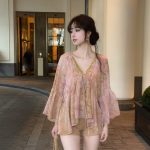 French Sequin V-Neck Chiffon Blouse – Elegant Loose Long Sleeve Statement Shirt for Women