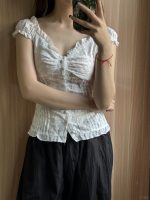 French Jacquard Puff Sleeve Top – Palace Style Ballet Girl Lace Button Blouse - Image 3