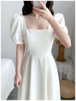 White Hepburn light mature style dress with puff sleeves square neck, waist, slimming temperament, over-the-knee long dress - Image 3