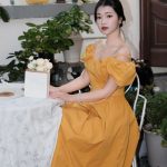 French V-neck  puff sleeve mustard off-shoulder long Dress
