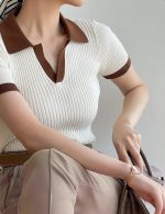 Korean Contrast Color Polo Collar Knit T-Shirt – Slim Fit Retro Short Sleeve Top for Women - Image 5