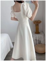 White Hepburn light mature style dress with puff sleeves square neck, waist, slimming temperament, over-the-knee long dress - Image 2