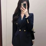 Women’s Navy Blue Blazer Suit Set – Gold Button Old Money Style Officewear