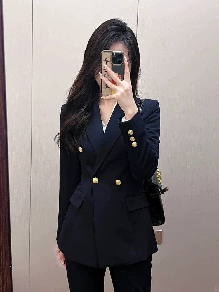 IMG-5847 Women’s Navy Blue Blazer Suit Set – Gold Button Old Money Style Officewear - Image 1