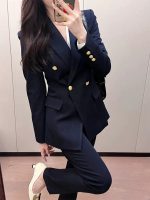 Women’s Navy Blue Blazer Suit Set – Gold Button Old Money Style Officewear - Image 2