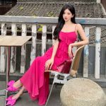 Rose red summer spaghetti strap high-end seaside vacation ruffled long dress - Image 5