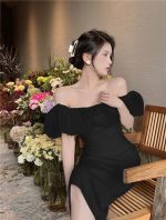 French elegant off-shoulder slim-fitting hip high-end seaside vacation dress - Image 19