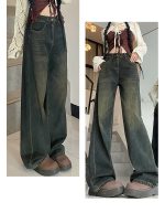 Vintage High-Waist Cement Gray Wide-Leg Floor-Length Jeans - Image 2