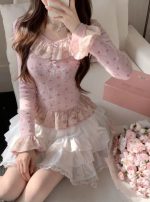 Pink Heart Lace Velvet Fitted Waist Base Top - Image 5