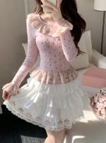 Pink Heart Lace Velvet Fitted Waist Base Top - Image 2