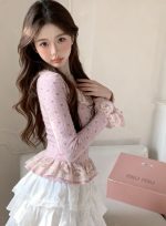 Pink Heart Lace Velvet Fitted Waist Base Top - Image 3