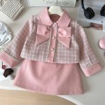 Elegant tweed jacket and leather skirt two piece set korean chic outfit