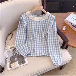 Women’s French Lace Plaid Long Sleeve Blouse - Image 5