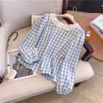 Women’s French Lace Plaid Long Sleeve Blouse - Image 3