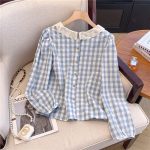 Women’s French Lace Plaid Long Sleeve Blouse
