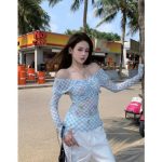 Blue Plaid One-Shoulder Mesh Long Sleeve T-Shirt for Women – Slim Fit Off-Shoulder Top - Image 3
