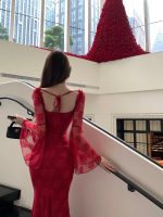 Women's Lace Hollow Square Neck Flared Sleeve Slim Bodycon Dress - Image 11