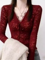Red Brushed Lace Long Sleeve Top for Women - Image 3